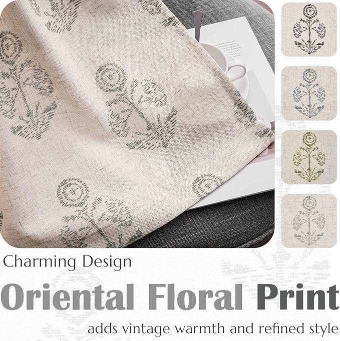 jinchan Linen Floral Curtains for Living Room 63 Inch Length Gray Flower Cottage Core Farmhouse Curtains Rod Pocket Back Tab Boho Semi Sheer Window Drapes Bedroom Set 2 Panels Grey on Beige