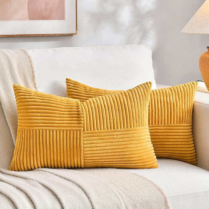 Fancy Homi 2 Packs Gold Yellow Lumbar Decorative Throw Pillow Covers 16x24 Inch for Couch Bed Sofa, Rustic Farmhouse Boho Spring Home Decor, Soft Striped Corduroy Rectangle Accent Cushion Case 40x60cm