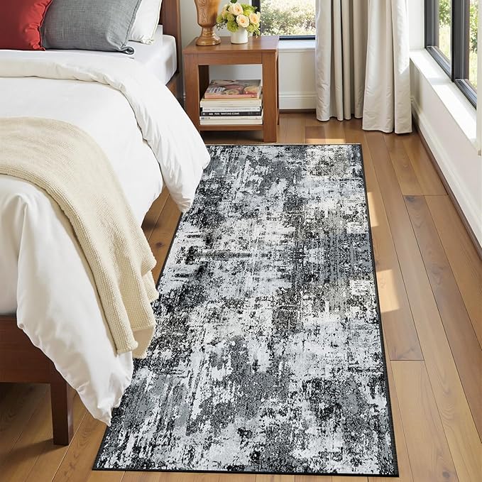 Washable Area Rugs 2'x10' Non-Slip Modern Abstract Soft for Living Room Entryway Bedroom Nursery, Print Pattern, Black Navy Blue Gray