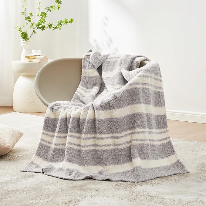 Snuggle Sac Queen Size Bedding Blankets, Super Soft Warm Blankets Cozy Knit Fuzzy Oversized Blankets for Bed, Stripe Grey, 90"x90"