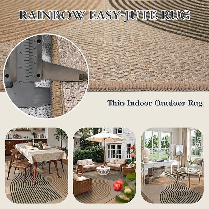 Lahome Enfys Modern Rainbow Easy Jute Rug, 8x10 Living Room Rug Indoor Outdoor Patio Farmhouse Large Area Rug, Contemporary Non Slip Non Shedding Carpet for Bedroom Backyard Dining Room