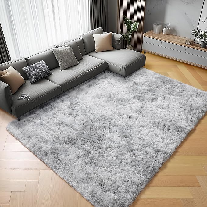 ONASAR Rugs for Living Room Bedroom, 5x8 Fluffy Tie-Dyed Light Grey Bedside Area Rug, Soft Plush Shaggy Floor Carpet for Nursery Kids Girls Boys Teen Dorm Home Office Decor Aesthetic