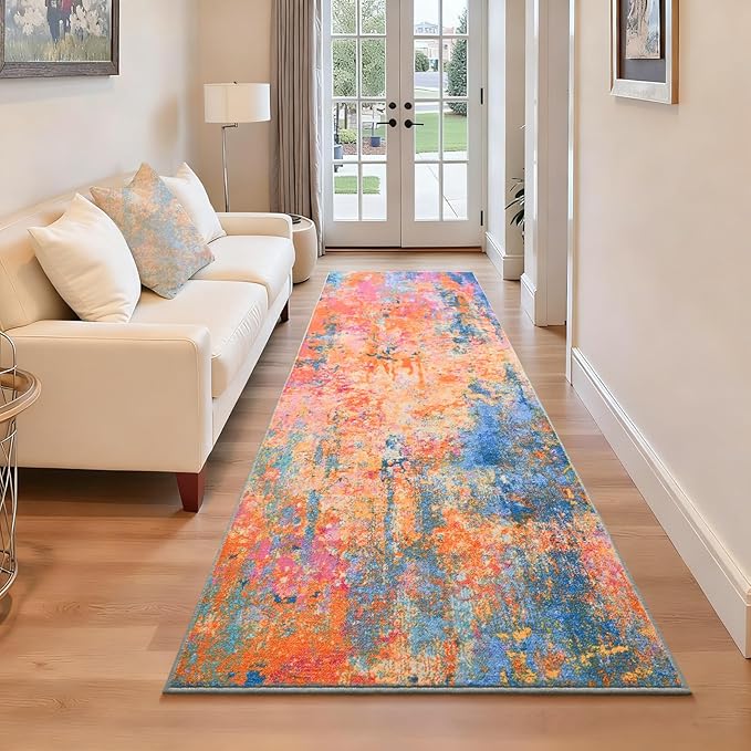 2x6 Rainbow Rug Runners for Hallways Kitchen Runner Rug Non Slip Washable Colorful Long Runner Rugs with Rubber Backing Soft Abstract Carpet Runner for Bedroom, Kitchen, Bathroom, Entryway
