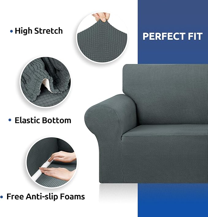KEKUOU Stretch Sofa Cover Slipcover ，Couch Covers for 3 Cushion Couch Sofa (78"-94") Furniture Protector 3 Seater Sofa with Elastic Bottom for Kids,Dog, Jacquard Small Checked(Large,Grey)
