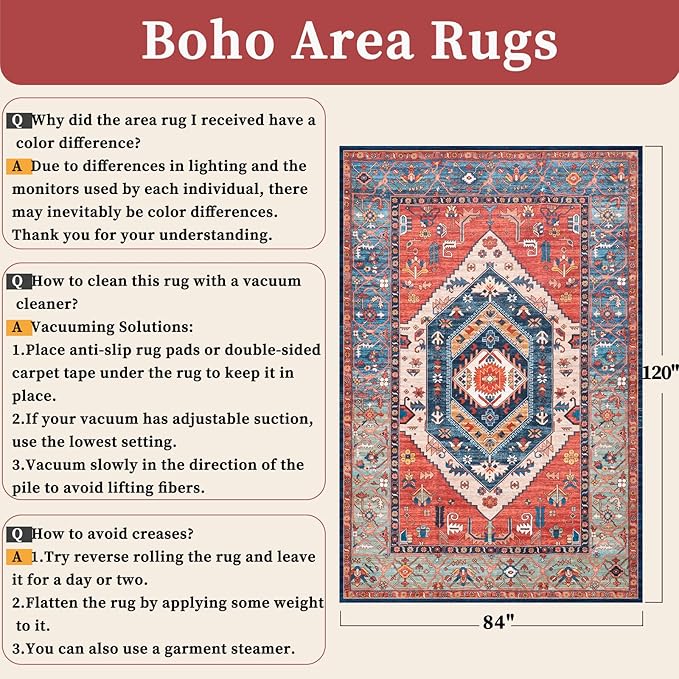 SERISSA 7x10 Area Rugs for Living Room, Large Washable Non-Slip Boho Rug, Ultra Soft Vintage Rust Oriental Tribal Print Distressed Carpet for Dining Room Bedroom Dorm Office Home Decor