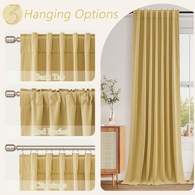 Guken 100% Blackout Curtains 100 Inch Length 2 Panels Set for Living Room Bedroom Back Tab Thermal Insulated Black Out Linen Drapes Room Darkening Window Curtains 100 Inches Long,Gold Yellow