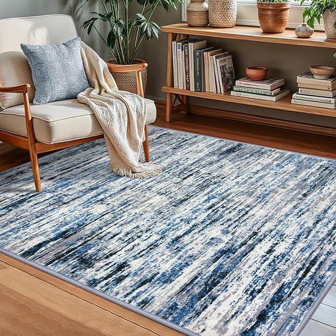 Lansny Modern Abstract Small Area Rug Indoor 3x5 Washable Rug Non-Slip Soft Entryway Rug Grey Blue White Kitchen Mats Thin Print Faux Wool Floor Carpet Throw Rugs for Entrance Bedroom Home Decor