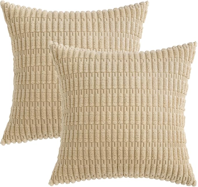 MIULEE Pack of 2 Corduroy Decorative Euro Sham Throw Pillow Covers 22x22 Inch Soft Boho Striped Pillow Covers Modern Farmhouse Home Decor for Sofa Living Room Couch Bed Tan