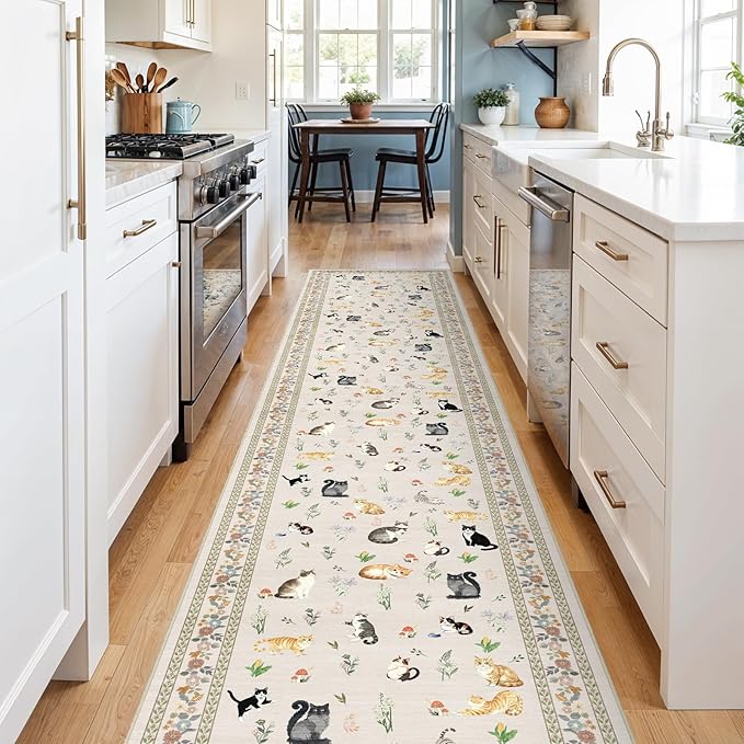2x10 Washable Hallway Runner Rug - Soft Low Pile Floral Animal Cat Print Rugs with Non-Slip Backing Waterproof Stain-Resistant Indoor Carpet for Kitchen Entryway Bathroom Bedroom (Light Beige)