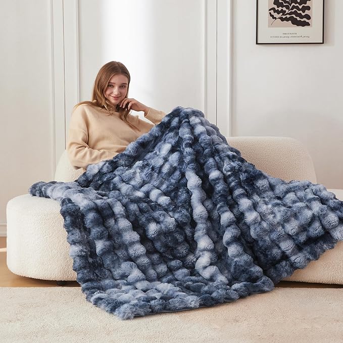 COOVA Faux Fur Throw Blanket for Couch, Cozy Soft and Fuzzy Plush Rabbit Fur Bubble Blanket for Sofa Bedroom Living Room, 50x60 Inches Tie Dye Light Blue