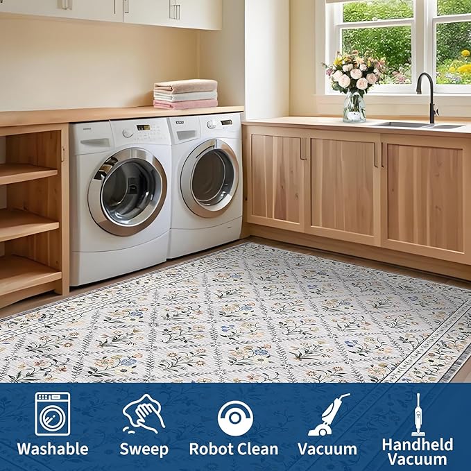 Washable Kitchen Rugs Non Slip 2x6 Hallway Runner Rug Stain Resistant Low Pile Floral Floor Rug with Rubber Backing Non Shedding Runners for Indoor Entryway Bedside Bedroom Farmhouse RV Grey Beige