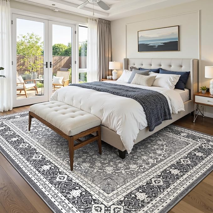 Lofus 9x12 Area Rugs for Living Room, Machine Washable Non-Slip Area Rug, Low Pile Large Rugs for Bedroom, Kitchen, Dining Room, Home Office, Vintage Oriental Print Rug, Light Grey with White