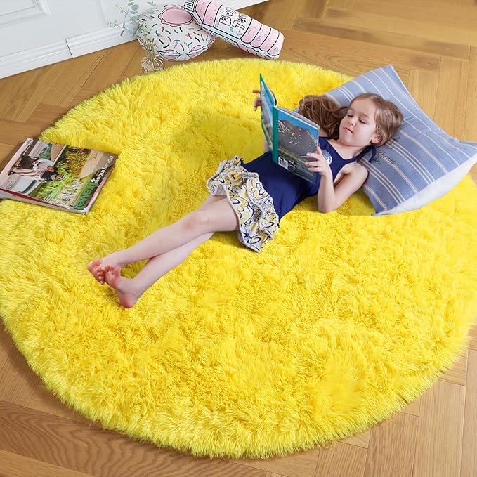 Amdrebio Yellow Round Circle Area Rug 5Ft for Bedroom Living Room, Fluffy Fuzzy Plush Rugs for Kids Room Decor Aesthetic, Cute Furry Shag Kawaii Circular Carpet for Classroom Nursery Teen Girls Boys