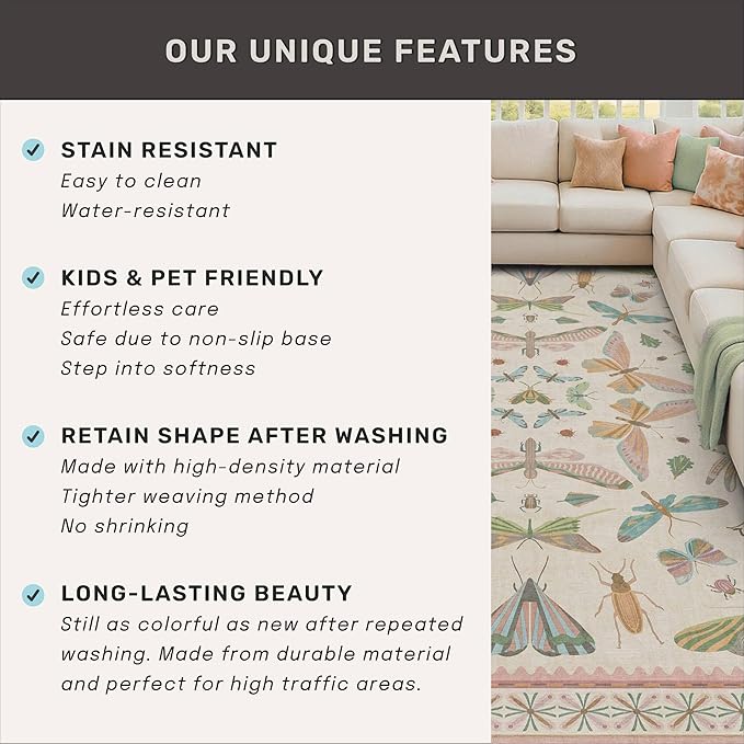 Hazo Haus 7x9 Cute Insect Rugs for Girls Bedroom - Pink and Blue Washable Floral Living Room Rugs, Dining Room Under Table, Insect Print Whimsical Indoor Décor, Low Pile & Soft