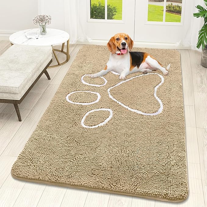 OLANLY Dog Door Mat for Muddy Paws 59x32, Paw Print Design, Absorbs Moisture and Dirt, Absorbent Non-Slip Washable Doormat, Quick Dry Chenille Mud Mat for Dogs, Entry Indoor Entryway Carpet, Beige