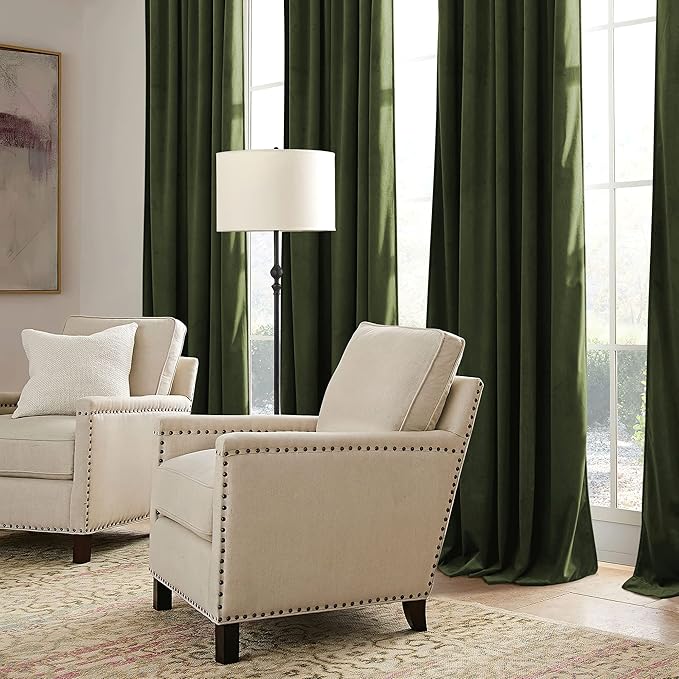 RYB HOME Olive Green Velvet Curtains with Hook Tape, Thermal Insulated Privacy Protect Decorative Drapes for Home Theater, W 52 x L 72 inches, 2 Panels Set