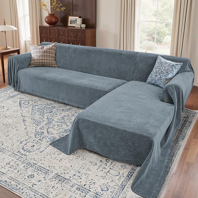 Sectional Couch Covers, 2 Pieces Washable L Shaped Couch Covers Sofa Blanket for Dogs Pet Friendly Sectional Sofa Slipcovers Furniture Covers,71"x 110"+ 71"x 118",(X-Large,Dusty Blue)