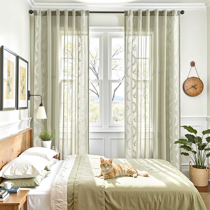 jinchan Belrose Sage Green Floral Sheer Curtains for Bedroom 63 Inch Long Voile Embroidered Farmhouse Curtains for Living Room Ivory Flower Patterned Rod Pocket Window Treatments, 2 Panels Green