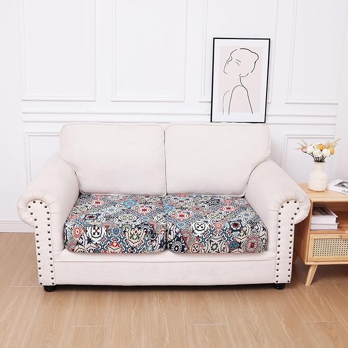 hyha Printed Couch Cushion Covers, Floral Sofa Covers Washable for 2 Cushion Couch, Stretch Pattern Outdoor Cushion Covers for Patio Furniture with Elastic Bottom(2 Packs, Patchwork Moroccan)