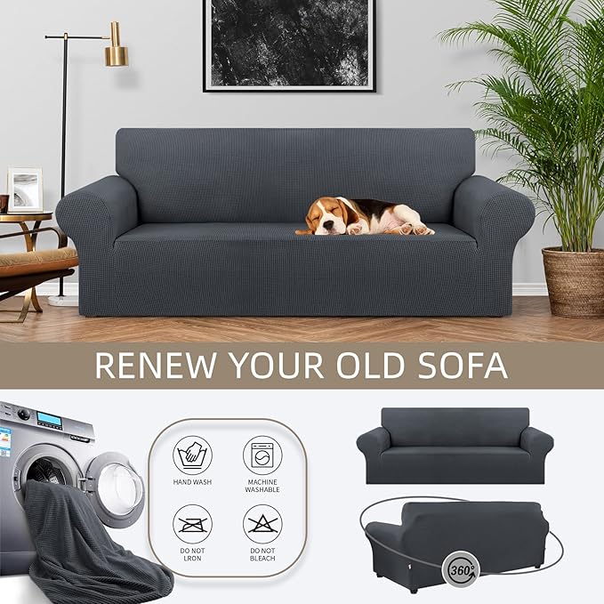 KEKUOU Stretch Sofa Cover Slipcover ，Couch Covers for 3 Cushion Couch Sofa pet Friendly (78"-94") Furniture Protector Sofa with Elastic Bottom for Kids,Dog, Jacquard Small Checked(Large,Charcoal)