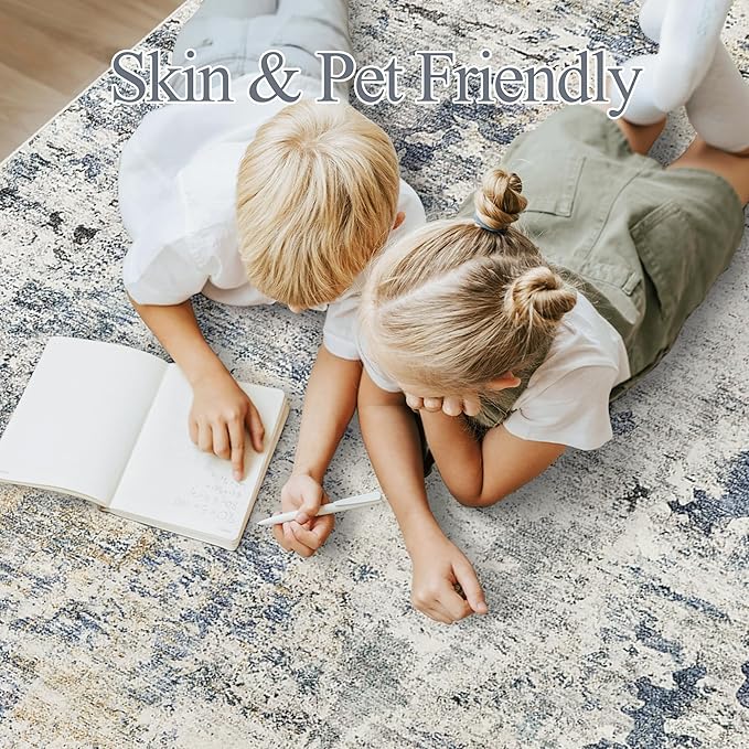 Soalmost 6x9 Abstract Area Rugs for Living Room 6 x 9 Washable Non Slip Low Pile Gray Rugs for Bedroom Dining Room Foldable Thin Blue Yellow
