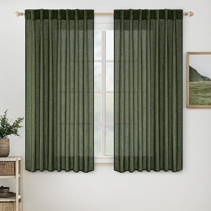 MIULEE Olive Green Linen Curtains 54 Inch Length 2 Panels for Bedroom Living Room, Soft Thick Linen Textured Natural Short Window Drapes Semi Sheer Light Filtering Back Tab Burlap Look Decor