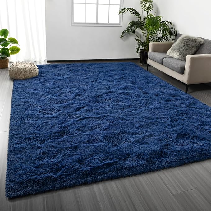 Deerhoo Large Shag Area Rugs 9 x 12, Plush Fuzzy Rugs for Living Room, Ultra Soft Fluffy Furry Rug for Bedroom, Indoor Carpet Nursery Rugs for Kids Room Home Decor, Navy Blue