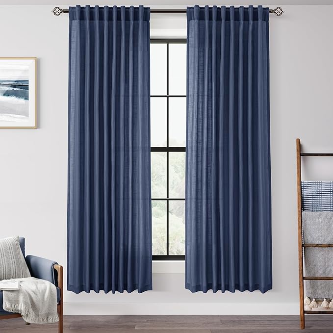 Navy Blue Curtains for Living Room Back Tab Modern Farmhouse Semi Sheer Blue Curtains 72 inches Long 2 Panels Set Muted Neutral Window Curtain for Dining Room Bedroom 60x72