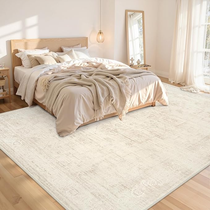 8x10 Area Rugs for Living Room: Vintage Boho Neutral Washable Rug Indoor Soft Large Area Rug Carpet for Bedroom Nursery Farmhouse Dining Room Office Floor Non-Slip Low Pile Under Table Rug Dark Beige