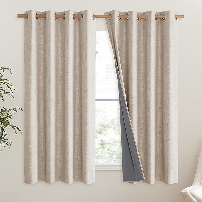 NICETOWN Cream Linen Complete Blackout Curtains 48 inches for Kids Room, 2 Panels, Thermal Insulated & Noise Reducing Window Draperies with Grey Liner, Noise Reducing Short Drapes