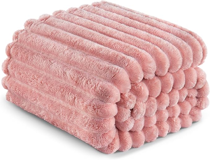 Exclusivo Mezcla King Size Flannel Fleece Blanket, Super Soft Striped Jacquard Bed Blanket, Lightweight Fuzzy Cozy for All Seasons, 90x104 Inches, Pink