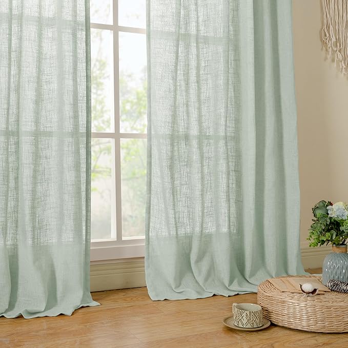 LAMIT Short Linen Window Curtains 40 Inch Length 2 Panels, Light Sage Semi Sheer Light Filtering Panels Back Tab and Rod Pocket Neutral Drapes for Basement/Window/Loft Room, 34 x 40 Inch