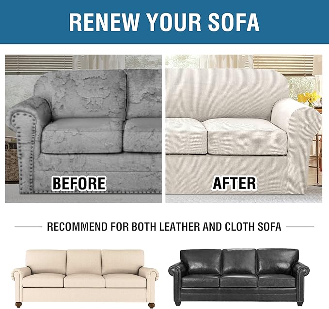 H.VERSAILTEX 4 Piece Stretch Sofa Covers for 3 Cushion Couch Covers for Living Room Furniture Slipcovers (Base Cover Plus 3 Seat Cushion Covers) Upgraded Thicker Jacquard Fabric (XL Sofa, Ivory)