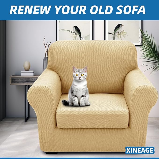 XINEAGE 2026 New 2 Pieces Chair Covers with Arms Super Stretch Chair Slipcover for Living Room Pet Dog Universal Slip Cover Anti Slip Armchair Furniture Protector (Beige), 31"-46"(1 Cushion)