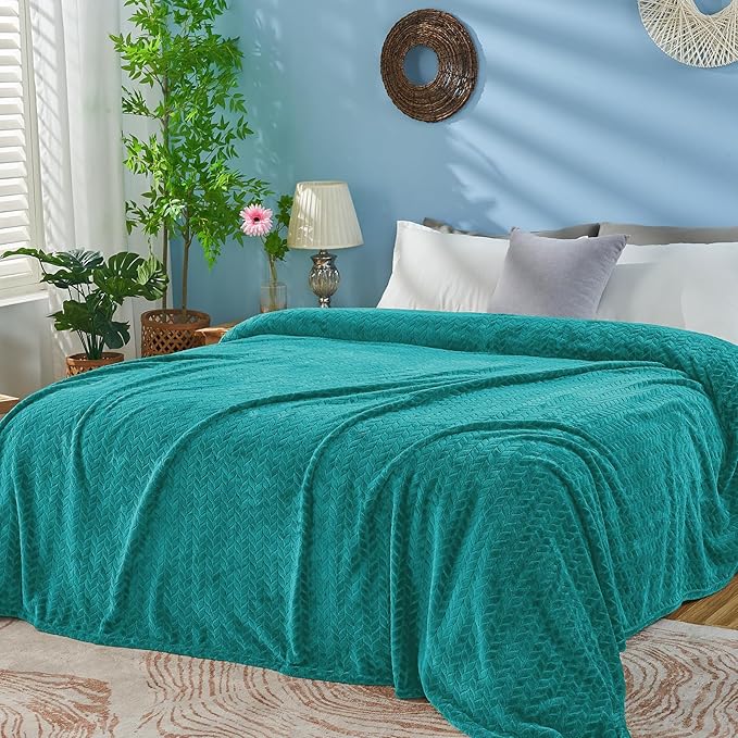 inhand Teal Fleece Twin Blanket, Super Soft Flannel Cozy Blankets for Adults, Lightweight Leaves Pattern Fuzzy Blanket for Couch Sofa Bed Office, Warm Plush Blankets for All Season, 60x90 Inches