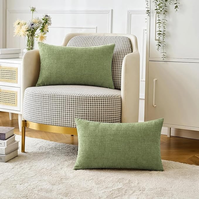 MIULEE Pack of 2 Couch Throw Pillow Covers 14x24 Inch Spring Soft Sage Green Chenille Lumbar Pillow Covers for Sofa Living Room Solid Dyed Cases