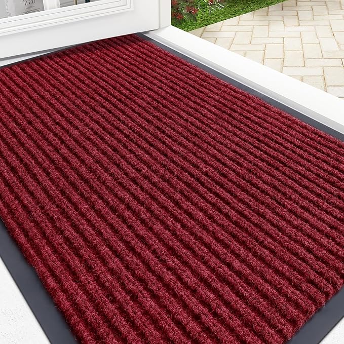OLANLY Front Door Mat Indoor Outdoor Entrance, Waterproof Heavy Duty Doormat, Fade Resistant, Low Profile, Easy Clean Patio Porch Welcome Floor Mats for Entry, 33x21, Wine Red