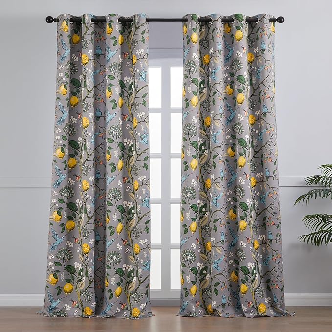 Topfinel 90 Inches Long Curtains, Gray and Yellow Moody Country Anthropologie Cabin Blackout Sun Block Floral Hummingbird Plant Lemon Patterned Grommet Damask Drapes Two Pages for Living Room Office