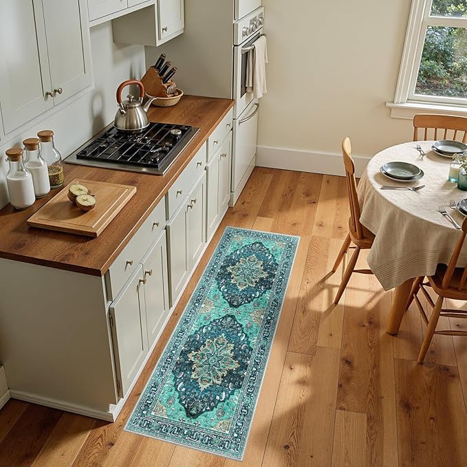 RELEANY Area Rugs 2'x5' Runner Rug Non Slip Washable for Kitchen Hallway Bedroom Beside Laundry Room Bathroom Rug, Floor Carpet, Teal Green Lake Blue Turquoise