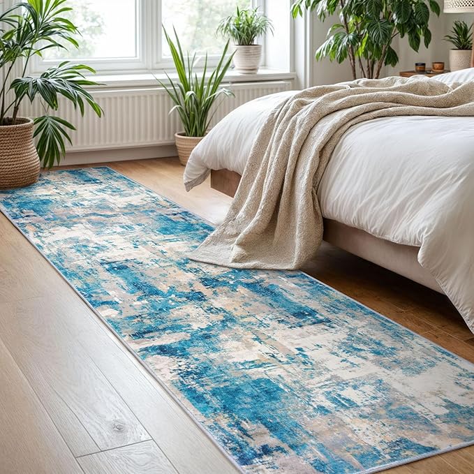 KOZYFLY Modern Abstract Rug Runner, 2x8, Blue, Low Pile, Machine Washable, Non-Slip, Recycled Fiber, Area Rug for Hallway, Kitchen, Bathroom, Bedroom