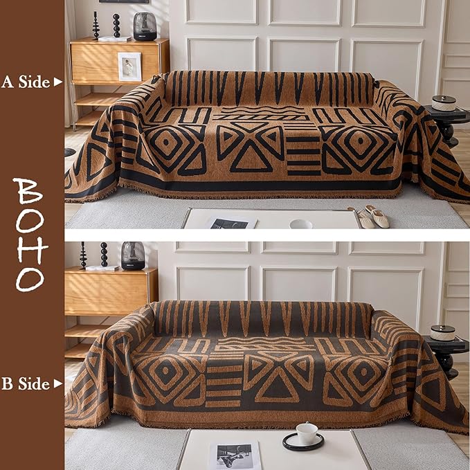 HANDONTIME Boho Geometric Couch Covers for Sofa Pet Friendly Brown and Black Sofa Covers Washable Chenille Couch Blanket Cover for 2 3 Cushion Couches Pet Protector Furniture Cover Soft, 71" X 118"