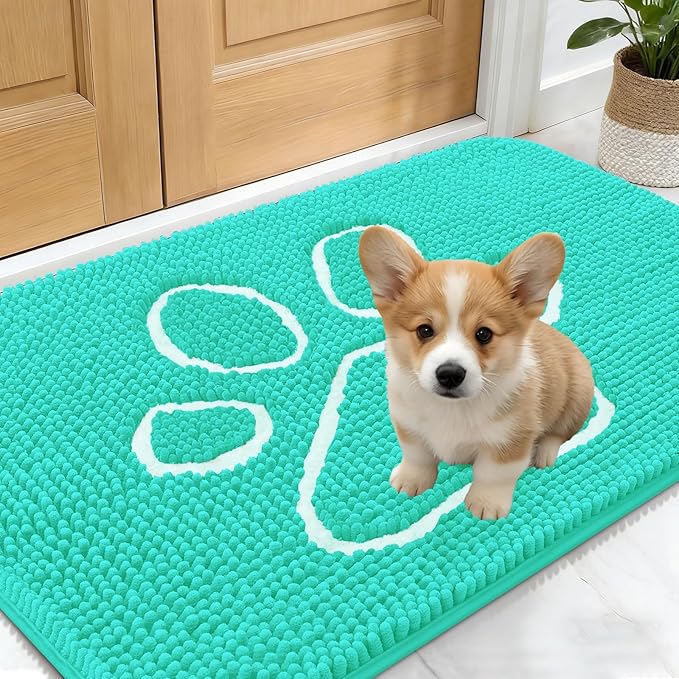 OLANLY Dog Door Mat for Muddy Paws 24x16, Paw Print Design, Absorbs Moisture and Dirt, Absorbent Non-Slip Washable Doormat, Quick Dry Chenille Mud Mat for Dogs, Entry Indoor Entryway Carpet, Teal