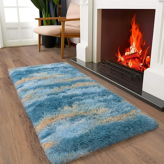 Soft Runner Rugs for Bedroom Hallways, 2x4 Abstract Blue Fluffy Shag Throw Area Rug Non Slip for Bedside Dorm, Long Shaggy Furry Carpet for Nursery Living Room