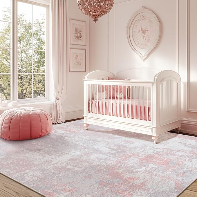 Washable Area Rugs Square 7ft Non-Slip Modern Abstract Soft for Living Room Entryway Bedroom Nursery, Print Pattern, Grey Pink