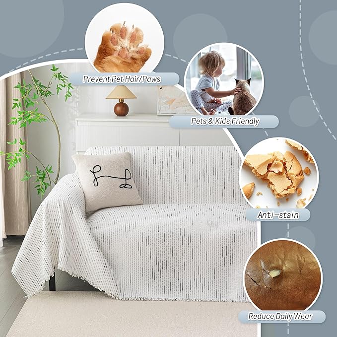 MYSKY HOME Boho Couch Cover White Sofa Covers with Tassel Farmhouse Sofa Slipcover Simple Couch Protector for Dogs Chenille Sectional Couch Covers L Shaped Couch Cushion Covers, 71"x 134"