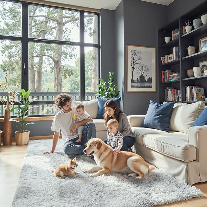Super Soft Shaggy Area Rugs for Bedroom 4x6 Feet, Shaggy Plush Living Room Shag Furry Floor Rugs, Non-Shedding Indoor Rugs for Living Room Decor(4 x 6, Light Grey Tie-Dyed)
