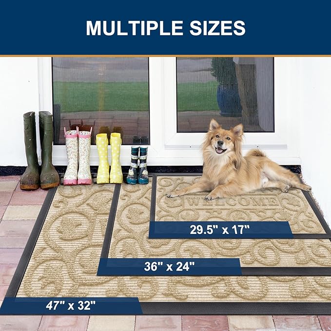 Smiry Welcome Door Mat Outside Entrance, Heavy Duty Trap Dirt and Moisture Easy Clean Low Profile Patio Porch Indoor Outdoor Front Doormat for Entry, 35x23 Inch, Beige