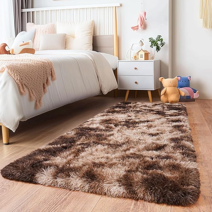 Runner Rugs for Bedroom, 2x6 Fluffy Throw Area Rug Non Slip for Bedside Dorm Hallways, Long Soft Shag Carpet for Nursery Living Room, Tie-Dyed Brown