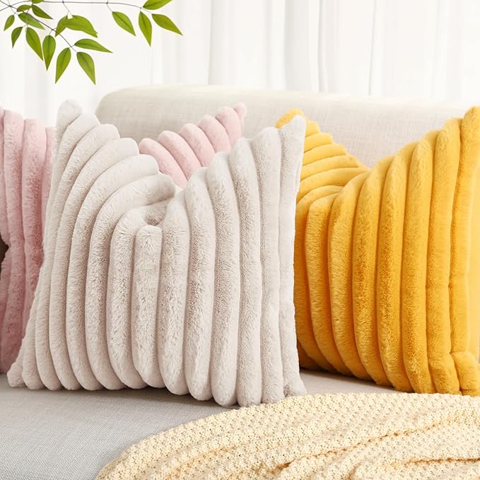 decorUhome Summer Cozy Faux Fur Throw Pillow Covers 18x18 Set of 2 Decorative Soft Plush Striped Modern Farmhouse Boho Couch Pillow Cases with Velvet Back for Sofa Bed Living Room, Beige