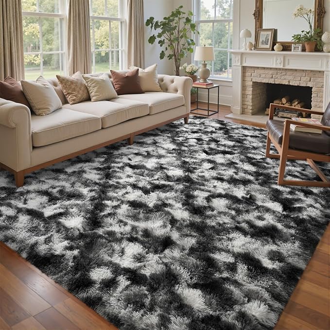 4x6 Ft Shag Area Rug for Bedroom Living Room, Tie-Dyed Ultra Soft Fluffy Furry Rugs for Indoor Floor, Aesthetic Carpet for Kids Home Decor (Black Grey)